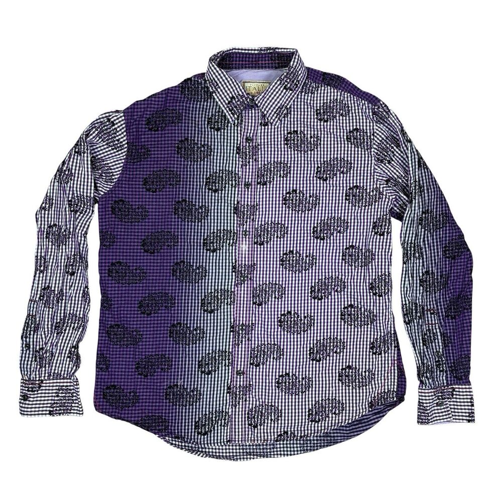 Vintage Italia Men's Button Up Long Sleeve Shirts Size XL Purple Stripe Floral